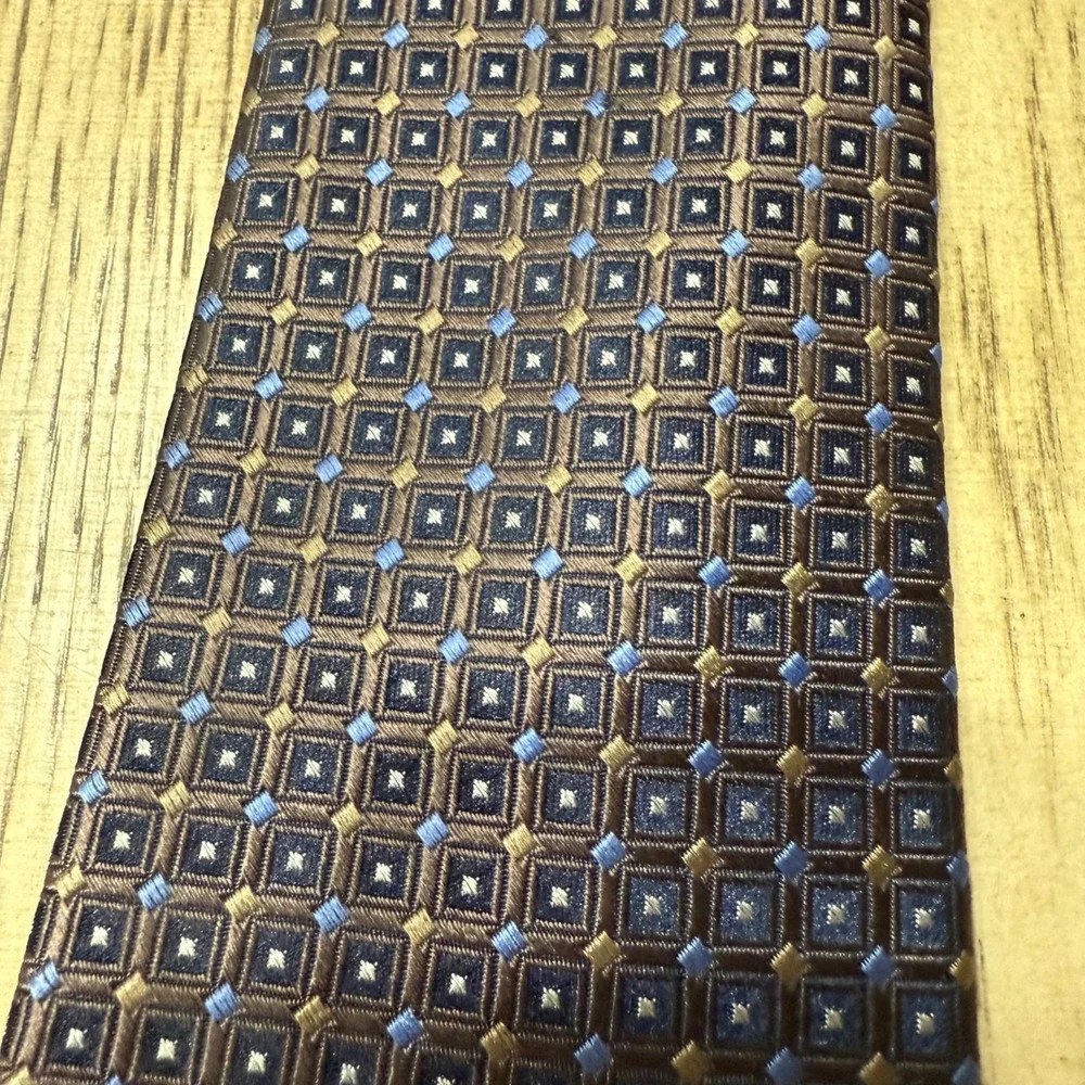 Saddlebred Mens‎ Brown Blue Silk Blend Geometric Pattern Necktie Formal